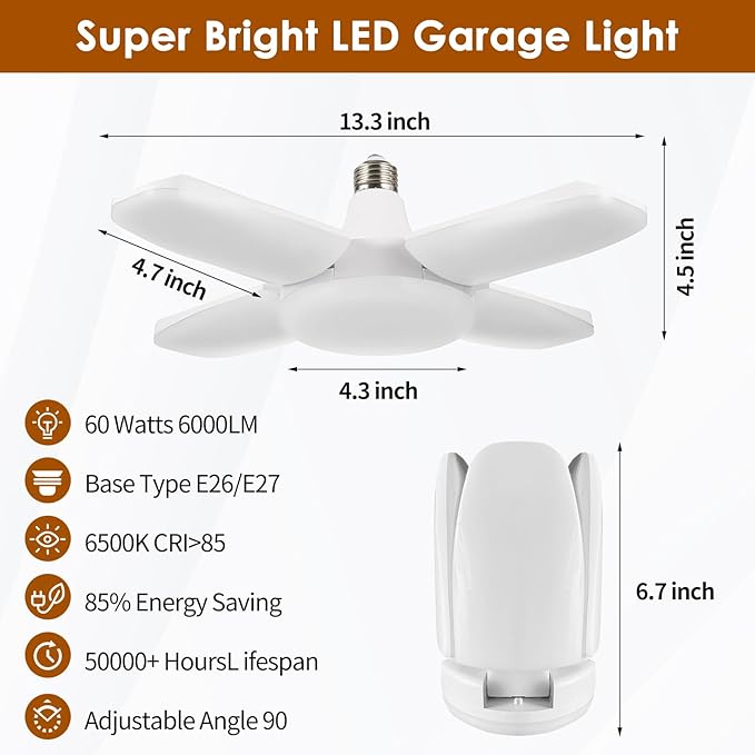 YWD LED Garage Lights 2Pack, 60W Deformable Led Ceiling Lighting 6000LM E26/E27 Daylight 6500K Super Bright Light Adjustable for Workbench, Barn, Warehouse