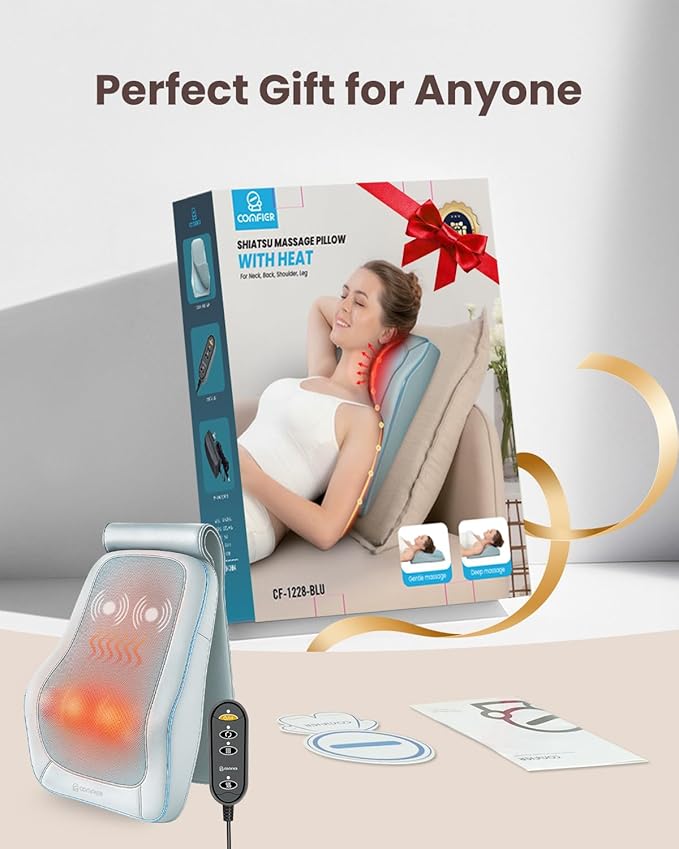 COMFIER Shiatsu Back Massager with Heat & Vibration, 3D Deep Kneading Back Massage for Pain Relief, Home Office Use,Gift for Her/Him,Blue