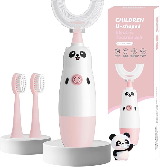 Kids U-Shaped Electric Toothbrush with 2 Brush Heads, Toddlers Sonic with 360 Degree Cleaning, Soft Bristles, Battery Included, IPX7 Waterproof, Cute cartoon for Girls and Boys, Ages 8-13 (Pink)
