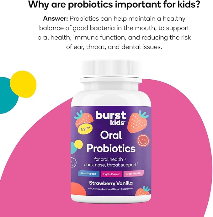 Burst Kids Probiotics (Strawberry Vanilla) | 45 Chewable Lozenges for Kids 3+ | Dental Probiotics to Support Oral, Ear, Throat & Respiratory Health | 3 Billion CFUs | Safe Ingredients | Made in USA