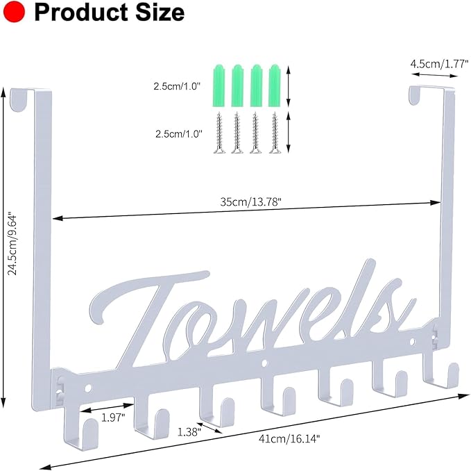 Over The Door Hooks, Towel Rack for Bathroom Towel Holder for Hanging Heavy Duty, Over Door Towel Hanger with 7 Coat Hooks for Bedroom Bathroom Kitchen Towels, Silver