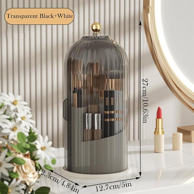 Makeup Brush Holder Organizer with Lid, 360° Rotating Clear Dustproof Cosmetics Storage, Makeup Brushes Cup Pen Holder for Vanity Desktop Bathroom Countertop (Clear Black Cap)