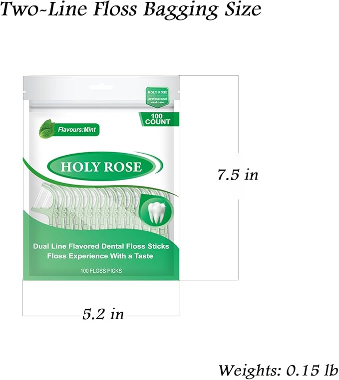 Holy Rose Mint Twin Line Dental Floss Picks - 300 Count Pack, Dual-Action Cleaning Teeth Tool Kit,for Adults Flosser Sticks, for Oral Removal Care Comfort Dental Floss Toothpick.