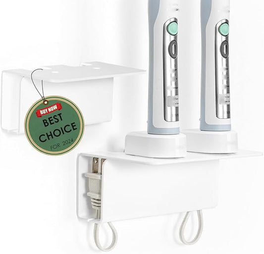 Modern Acrylic Wall Mounted Electric Toothbrush Holder with Hidden Cable Management - Space-Saving Bathroom Organizer for Shower-Safe, Waterproof Adhesive Mount No Drill-White