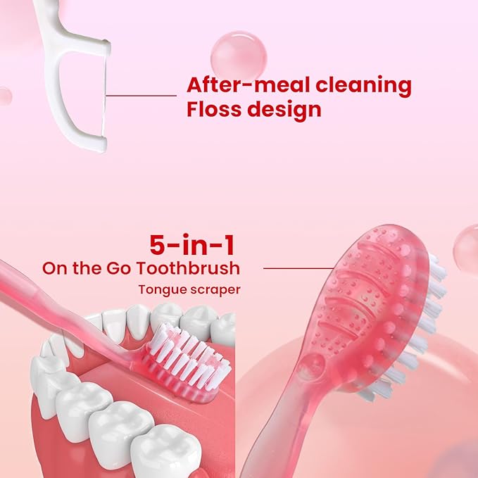 70Pack Mini Disposable Toothbrushes with Toothpaste Tongue Scraper Floss Pick 5-in-1 Single Use Portable Travel Toothbrush Individually Wrapped Box Small Prepasted Travel Toothbrush for Kids Adult ﻿