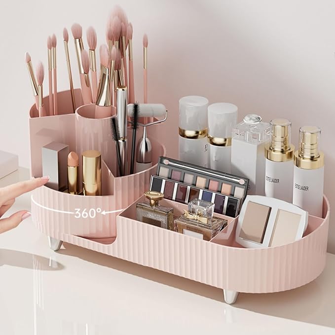 Makeup Organizer Countertop Rotating Makeup Organizer for Vanity Large Capacity Cosmetic Display Case with Makeup Brush Holder Cosmetic Organizer Countertop（Pink）