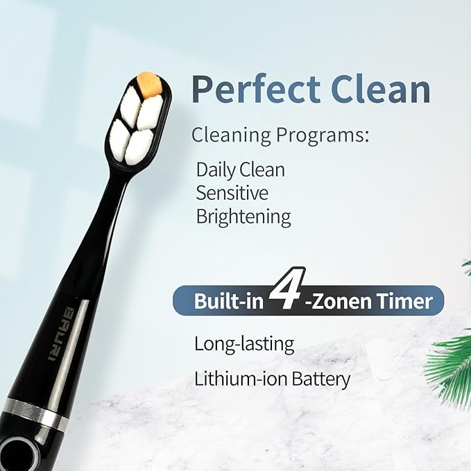 Bauri Electric Toothbrush, Rechargeable Sonic Electric Toothbrush with 3 Brush Heads,Super Slim Toothbrush, IPX7,3 Modes,Toothbrush (Black)