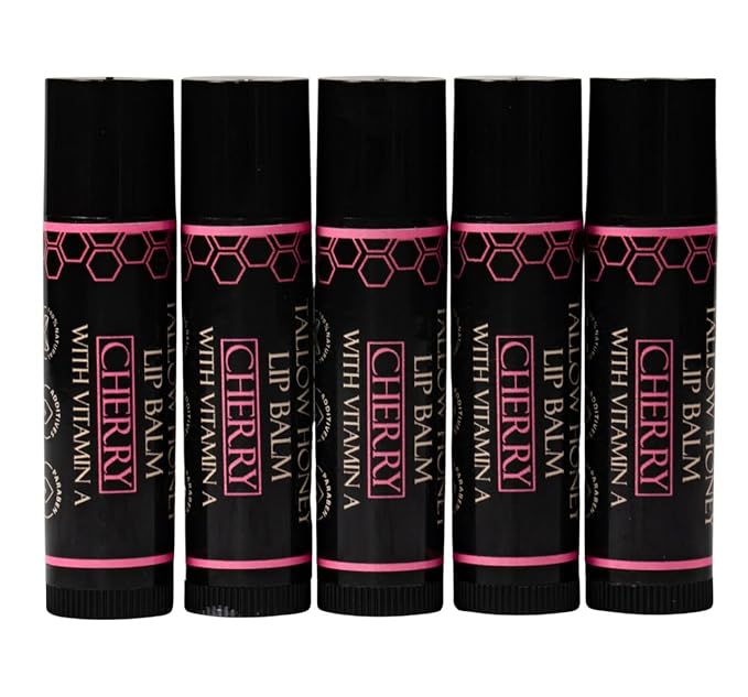 Organic Tallow Lip Balm (5 Pack) - Hydrating With Organic Italian Olive Oil, Pure Grass Fed Tallow, and Beeswax - Long Lasting Lip Therapy (5 Pack, Cherry)
