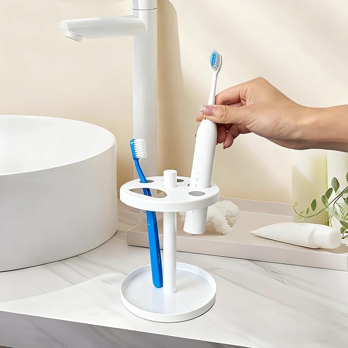 White Metal Toothbrush Holder – Countertop 4‑Toothbrush Organizer Set with Toothpaste Holder, Fits Electric & Manual Toothbrushes, Rust‑Proof Bathroom Tooth Brush Stand Set