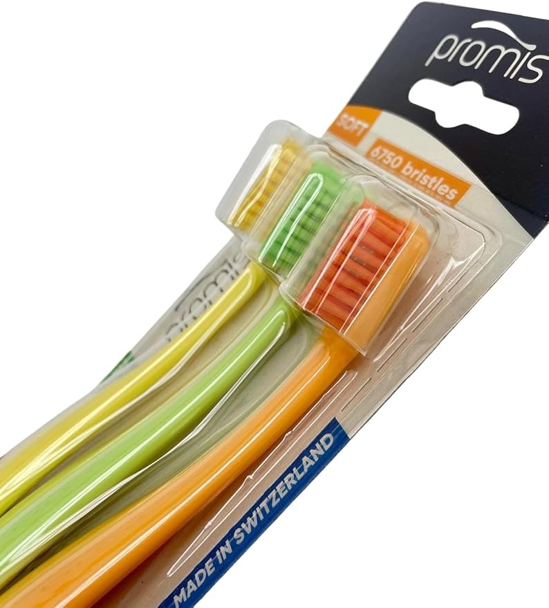 PROMIS Toothbrush 3-Pack Refill | Ecofriendly Soft Toothbrush | Renewable Bioplastic | 6750 Soft Bristles | Swiss Made Italian Design (Yellow/Green/Orange)