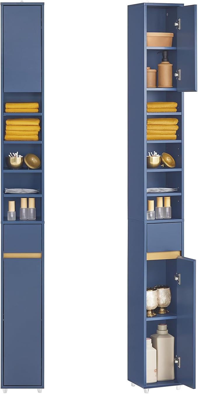 SoBuy Bathroom Narrow Storage Cabinet Skinny Tall Unit with Adjustable Shelves Slender Anti-Tipping Floor Standing Cupboard, Blue BZR34-B