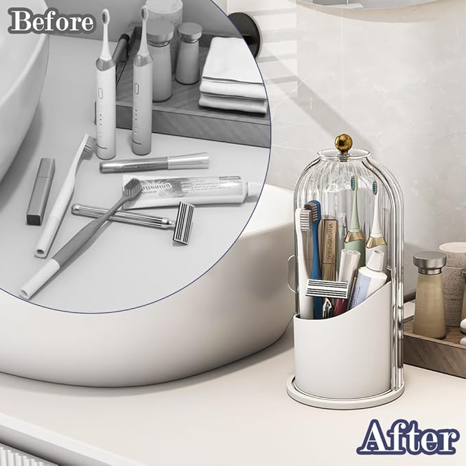Dustproof Toothbrush Holders with Cover, Rotating Electric Toothbrush and Toothpaste Holder for Bathroom Countertop, 3 Slots Makeup Brushes Organizer, Transparent
