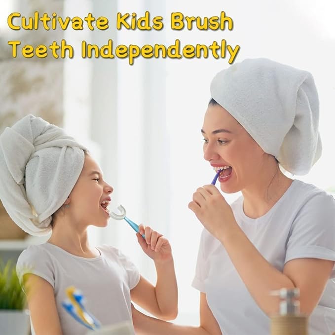YOTEE U-Shaped Toothbrush Kids 2 PCS - Toddler Toothbrush with Food Grade Soft Silicone Brush Head, Manual Whole Mouth Tooth Brush for Kids Age 6-12(Blue+Pink)