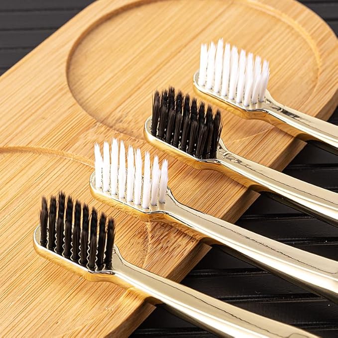 Luxury Gold-Plated Handle Toothbrush, Soft Bristles, Adult Size, 4-Pack