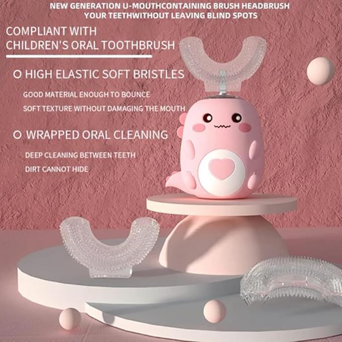 Kids Automatic U-Shaped Toothbrush, 360º Toothbrush Rechargeable Auto U-Shaped Electric Toothbrush with Led Light, 5 Modes & Smart Timer Gentle Waterproof and Cartoon Dragon Design (Pink*1)