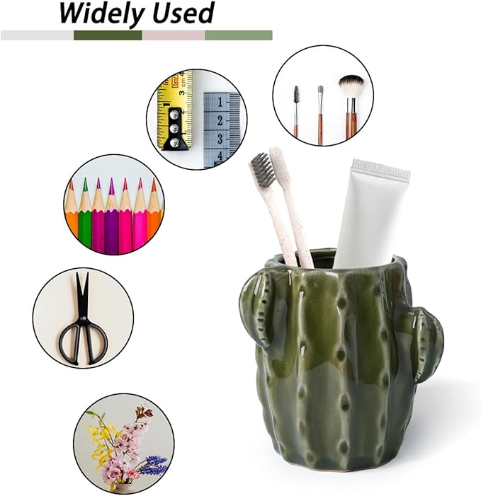 Cactus Toothbrush Holder for Bathrooms，Ceramic Toothpaste Holder Cute Toothbrush Holder Set,for Bathroom Counter and Desk Office Fun Decor Desk Organizer, Makeup Brush Holder - Dark Green