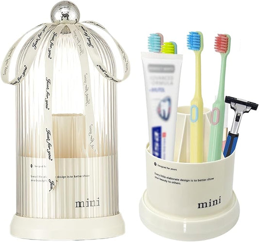 Multi Functional Rotating Toothbrush Holders with Sliding Base, 7 Slot Bathroom Countertop Organizer Perfect for Tooth Brush, Toothpaste, and Makeup Brushes Storage (White)
