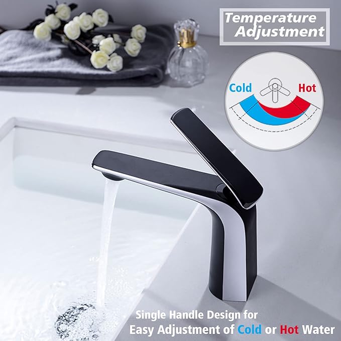 TOCALOCA Matte Black and Polished Chrome Bathroom Basin Faucet, Premium Brass One Hole Lavatory Vanity Sink Faucet Single Handle, Contemporary Bathroom Single Lever Mixer Tap Black and Sliver