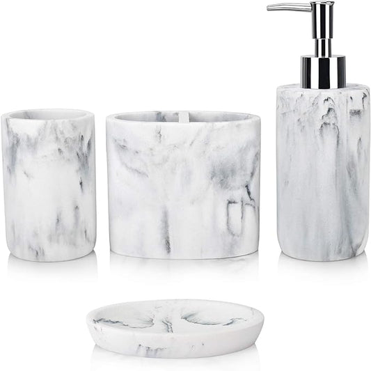 L'ARL GMVOI Bathroom Accessories Set,4 Pieces Marble Bathroom Vanity Countertop Accessory Set with Bathroom Toothbrush Holder Set,Soap Dispenser,Tumbler,Soap Dish for Bathroom Home Decor