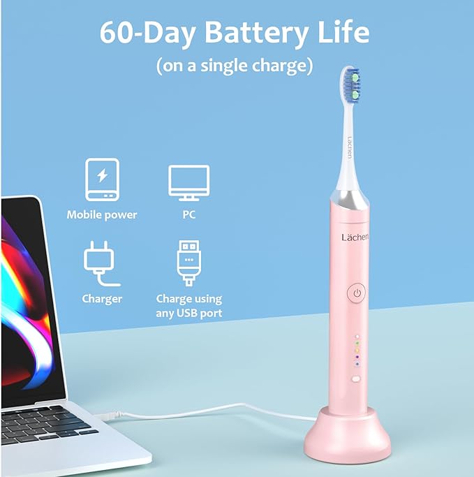 Lächen Electric Toothbrush for Adults – Sonic Rechargeable, 5 Modes & Smart Timer, Travel Case & Wireless Charging, 4 Brush Heads, IPX7 Waterproof (Pink)