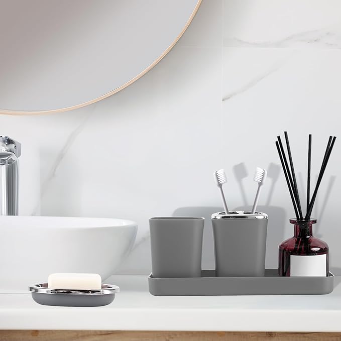 Grey Bathroom Accessories, 24 Pieces Grey Bathroom Accessories Set with Shower Curtain, Bath Towels, Trash Can, Soap Dispenser and Soap Dish for Bathroom/Housewarming