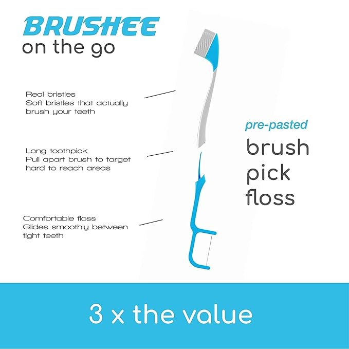 Brushee - The Evolution of Oral Care | 4-in-1 Tool (Paste + Brush + Floss + Pick) | Individually Wrapped | Disposable | Prepasted Travel Toothbrushes | Small Adult Toothbrush - (24-Pack)