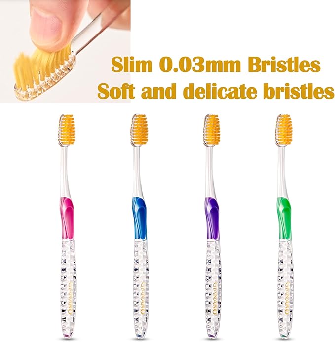 Soft Slim Gold Bristles Toothbrush for Sensitive Gums - Soft Slim Bristles, Compact Head, Toothbrushes for Adults / 8-Piece Set (Blue, Green, Pink, Violet x 2 Each)