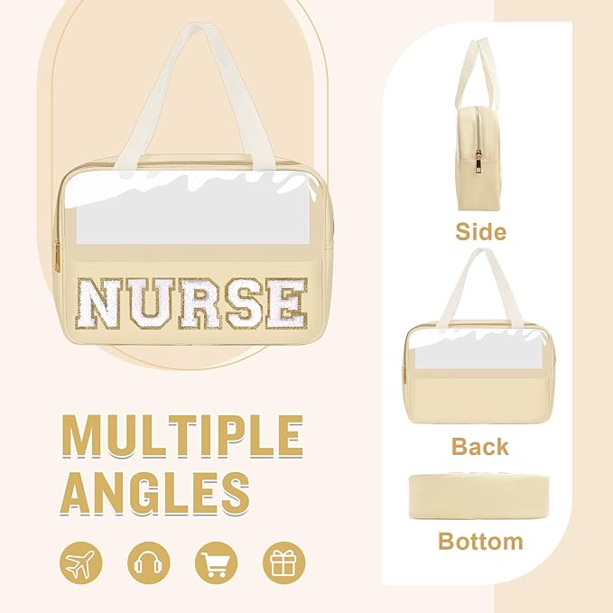 Nurses Week Gifts Chenille Letter Clear NURSE Makeup Bag for Women,Preppy Nurse Cosmetic Pouch Zipper with Handle Nurse Essentials Bag for Work Supplies,Labor and Delivery Nurse Gifts(NURSE-Beige)