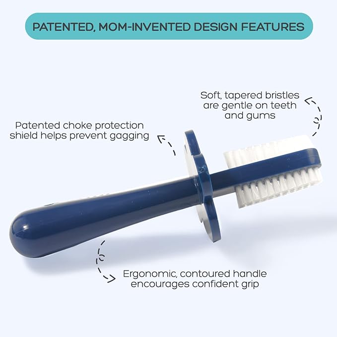 grabease Toddler Toothbrush - Double-Sided Soft Silicone Bristles & Anti-Choke Shield - Baby Toothbrush & Finger Brush for 12+ Months - Navy, 1 Count