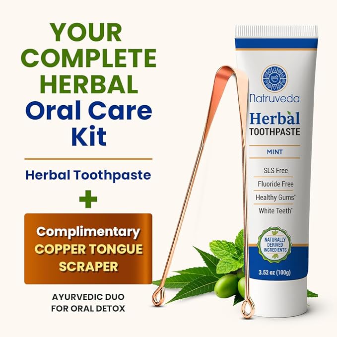 Neem Herbal Toothpaste with Complimentary Copper Tongue Scraper | Fluoride Free, SLS Free, Natural Toothpaste for Adults | Ayurvedic Oral Care with 8 + Herbal Ingredients | 3.52 oz (2 Pack)