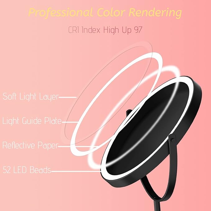 8” Lighted Makeup Mirror, 1X 10X Magnifying Mirror with Light, Double Sided Vanity Mirror with Lights, 3 Color LED Dimmable 2000mAh Rechargeable Black