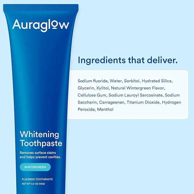 Auraglow Whitening Toothpaste, Hydrogen Peroxide Toothpaste with Fluoride, Whitens Teeth, Prevents Cavities, Strengthens Enamel for Adults, Kids Oral Care, Wintergreen Flavor, 4 oz (1 Pack)