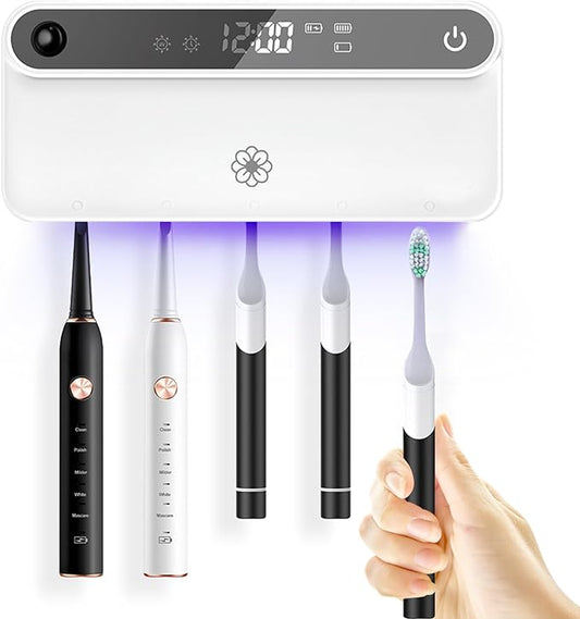 Bloom Toothbrush Sanitizer and Holder for Bathrooms Walls, Strong 3M Adhesive, Time Display, Long-Lasting Charge, 5 Slots for Any Size Toothbrush, White