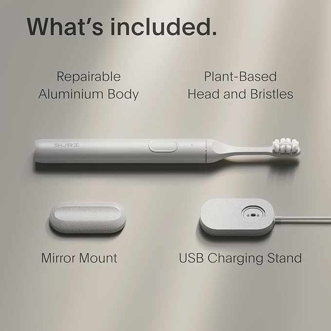 SURI 1.0 Sonic Electric Toothbrush |1 Month+ Battery | Designed in California | Sustainable Electric Toothbrush for Adults | Travel Toothbrushes | Tooth Brush | White