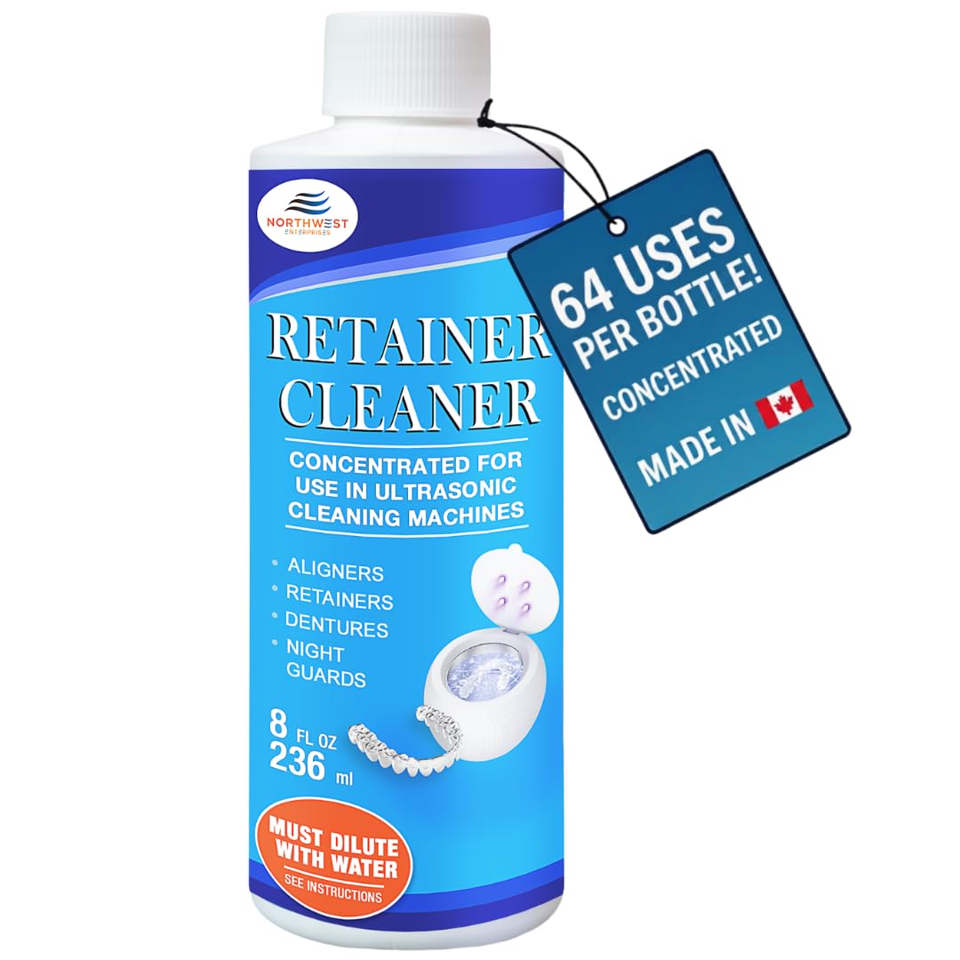 A bottle of Northwest Retainer Cleaner with a white cap and a blue label, featuring a dark blue hanging tag that reads '64 USES PER BOTTLE! CONCENTRATED MADE IN CANADA'.