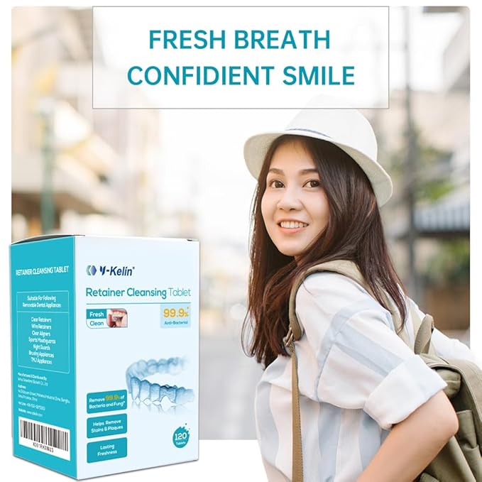 Y-Kelin Retainer and Denture Cleaner 120 Tablets for 4 Months Removes Stains Plaque Odors for Dentures Retainers Mouth Guard and Removable Dental Appliances (120 PCS, Mint)