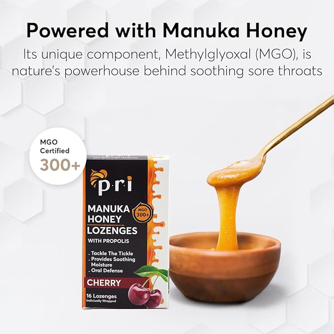 P.R.I Manuka Honey Lozenges with Propolis, Soothing Cough and Throat Drops, MGO 300+ Certified (Cherry, 16 Count/2 Pack)