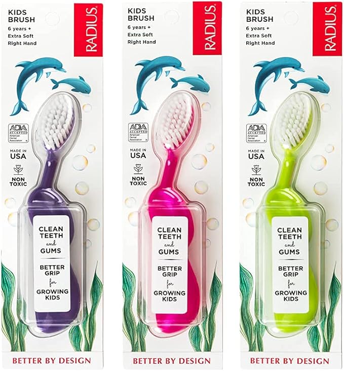 RADIUS Kidz Toothbrush Children's Right Hand BPA Free ADA Accepted Designed to Clean Teeth & Gums for Children 6 Years & Up - Pink Purple Green - Pack of 3