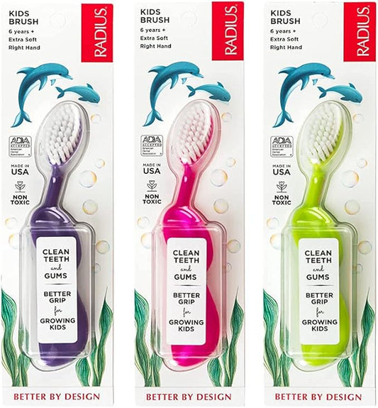 RADIUS Kidz Toothbrush Children's Right Hand BPA Free ADA Accepted Designed to Clean Teeth & Gums for Children 6 Years & Up - Pink Purple Green - Pack of 3