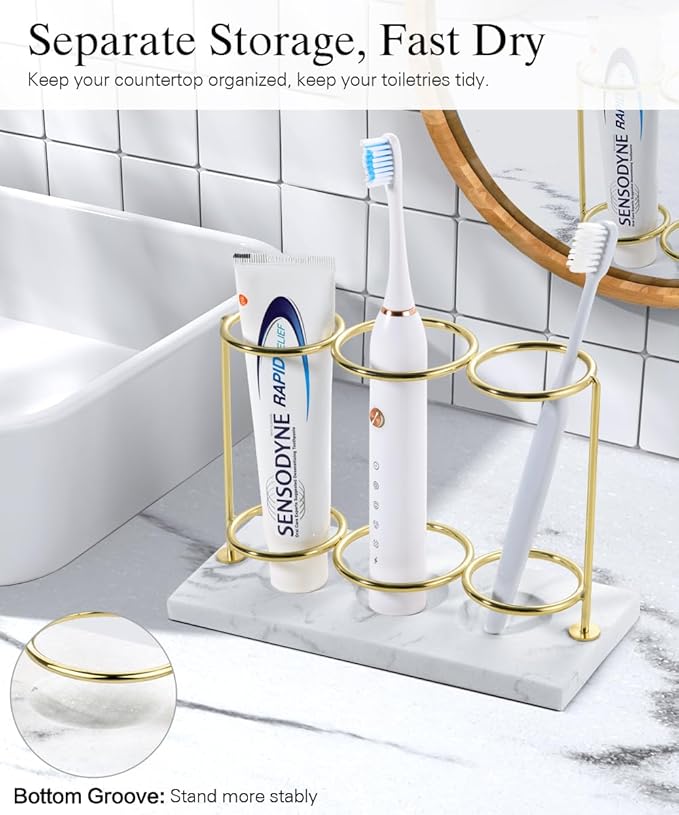 Emibele Electric Toothbrush Holder, 3 Slots 2-Layer Resin Electric Toothbrush Holder Bathroom Toothpaste Razor Storage Non-slip Organizer for Bathroom Toothbrush Toothpaste Cleanser, Gold Marble White
