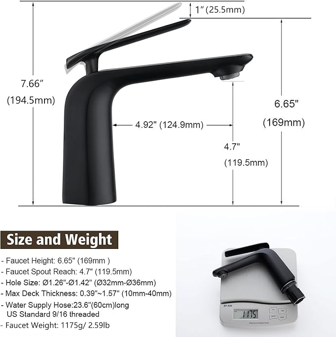 TOCALOCA Black Bathroom Sink Faucet, Matte Black, Modern Design, Single Handle, 1 Hole, Brass, Ceramic Disc Valve, Deck Mount, Aerated Non-Splashing Stream