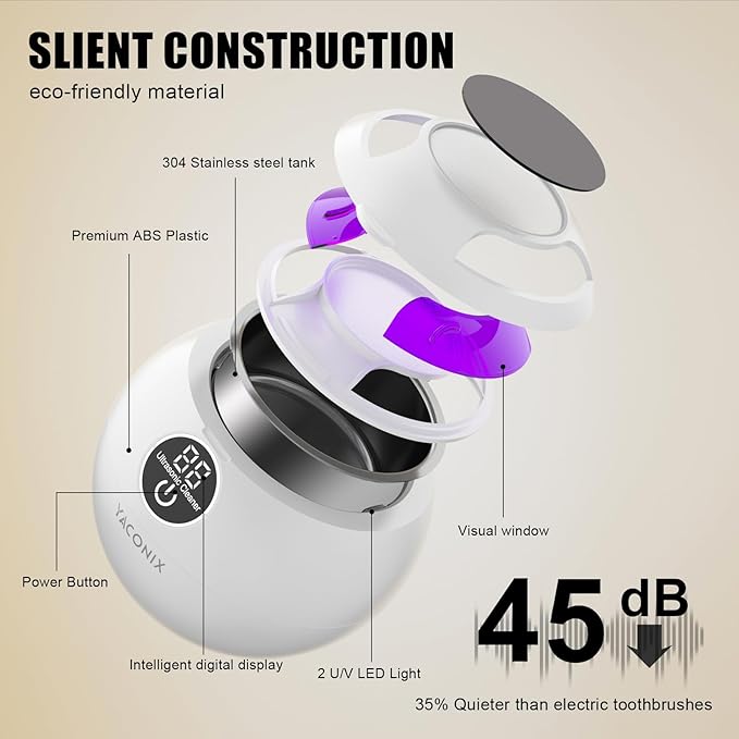 Retainer Cleaner Machine 45kHz Ultrasonic Dental Retainer Cleaner with 3 Modes and Digital Timer Mouth Guard for Retainer Clean, Denture Clean, Night Guard, Braces, Aligner, Jewelry 200ML (White)