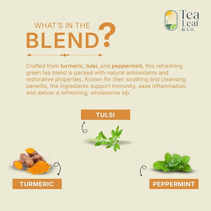 Turmeric Tulsi Tea Bags (50 Count), Green Tea with Turmeric & Peppermint, Stress Relieving, Low Caffeine Gluten Free, Whole Loose-Leaf Pyramid Tea Bags