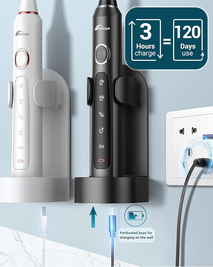 Rtauys 2 Pack Electric Toothbrush for Adults - 2 Rechargeable Electric Toothbrushes with 12 Brush Heads & 2 Travel Cases, Power Electric Toothbrush with Holder, 120 Days Battery Life - Black+White