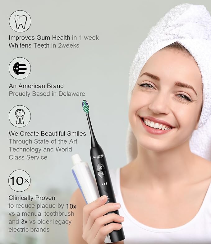 BAOVERI Electric Toothbrush for Adults&Kids, 42000 VPM Rechargeable Sonic Toothbrush with 8 Brush Heads, 5 Modes & 3 Intensity Levels, IPX7 Waterproof, 2-Min Smart Timer, 4 H Fast Charge for 60 Days