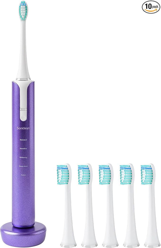 Soniclean Lux Sonic Toothbrush for Adults with 6 Toothbrush Heads, Rechargeable, Automatic, Purple
