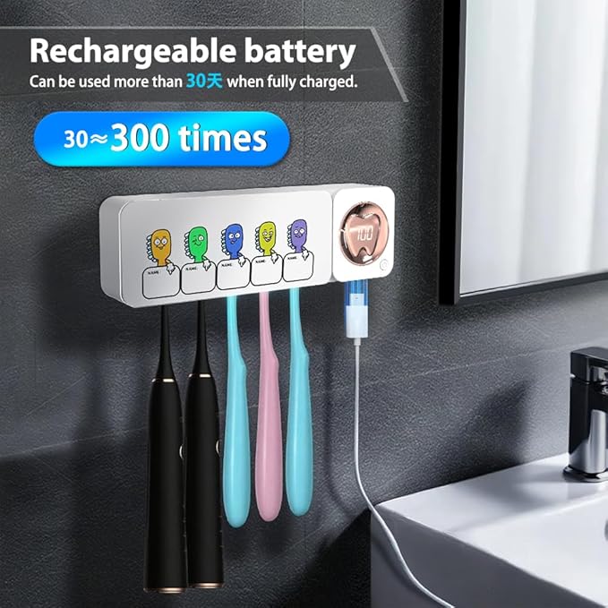 Bathroom Toothbrush Holder, Labelable with User Name, Multi-Slot Toothbrush Cleaner, Rechargeable Toothbrush Holder, Wall Mounted, for Bathroom, No Drilling Required, 5 Slots
