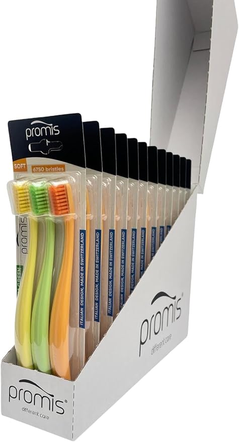 PROMIS Toothbrush 3-Pack Refill | Ecofriendly Soft Toothbrush | Renewable Bioplastic | 6750 Soft Bristles | Swiss Made Italian Design (Yellow/Green/Orange)