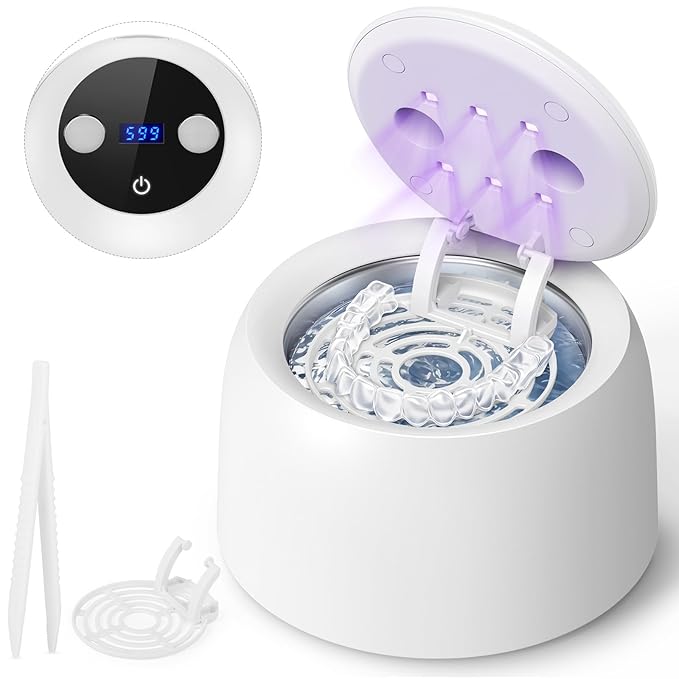 Ultrasonic Retainer Cleaner - 45±3kHz, 3 Modes with Digital Timer, 6 UVC+UVA Lamp,Denture Cleaner Machine, Mouth Guard, IPX6,200ML SUS304 Tank for Aligner, Night Guard Toothbrush (White)
