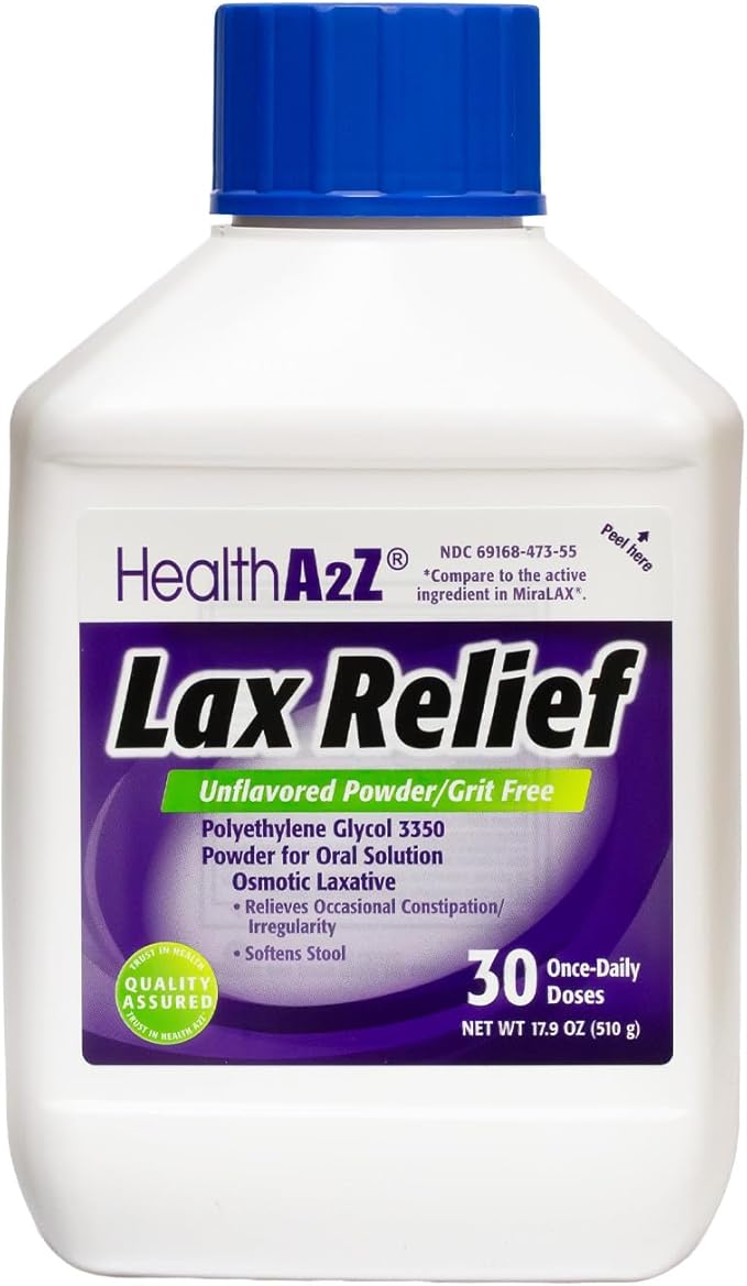 HealthA2Z® Lax Relief | Unflavored Powder/Grit Free | 17.9 OZ (510 g) | Polyethlene Glycol 3350, 17G | Powder for Oral Solution | Osmotic Laxative | Constipational Relief | Softens Stool (17.9 OZ)